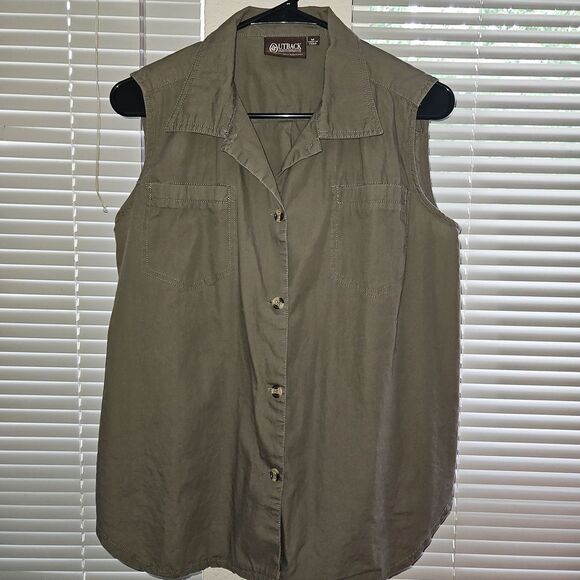 Outback Trading Company Olive Sleeveless Button-Up Shirt - Picture 1 of 12